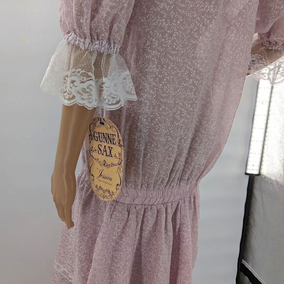 NWT Vintage 70s Gunne Sax Prairie Dress Lilac Ruffle Drop Waist Floral Crochet 9 - Picture 10 of 12